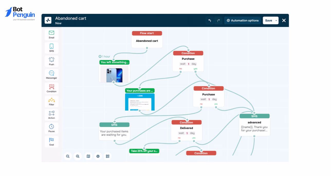 SendPulse chatbot builder featuring a visual drag-and-drop workflow editor for creating automated Telegram bot conversations and customer journeys.