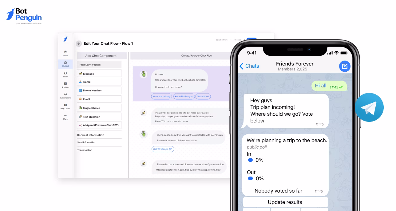 BotPenguin's Telegram bot builder with a no-code chatbot flow editor and Telegram chat interface for building automated customer conversations.