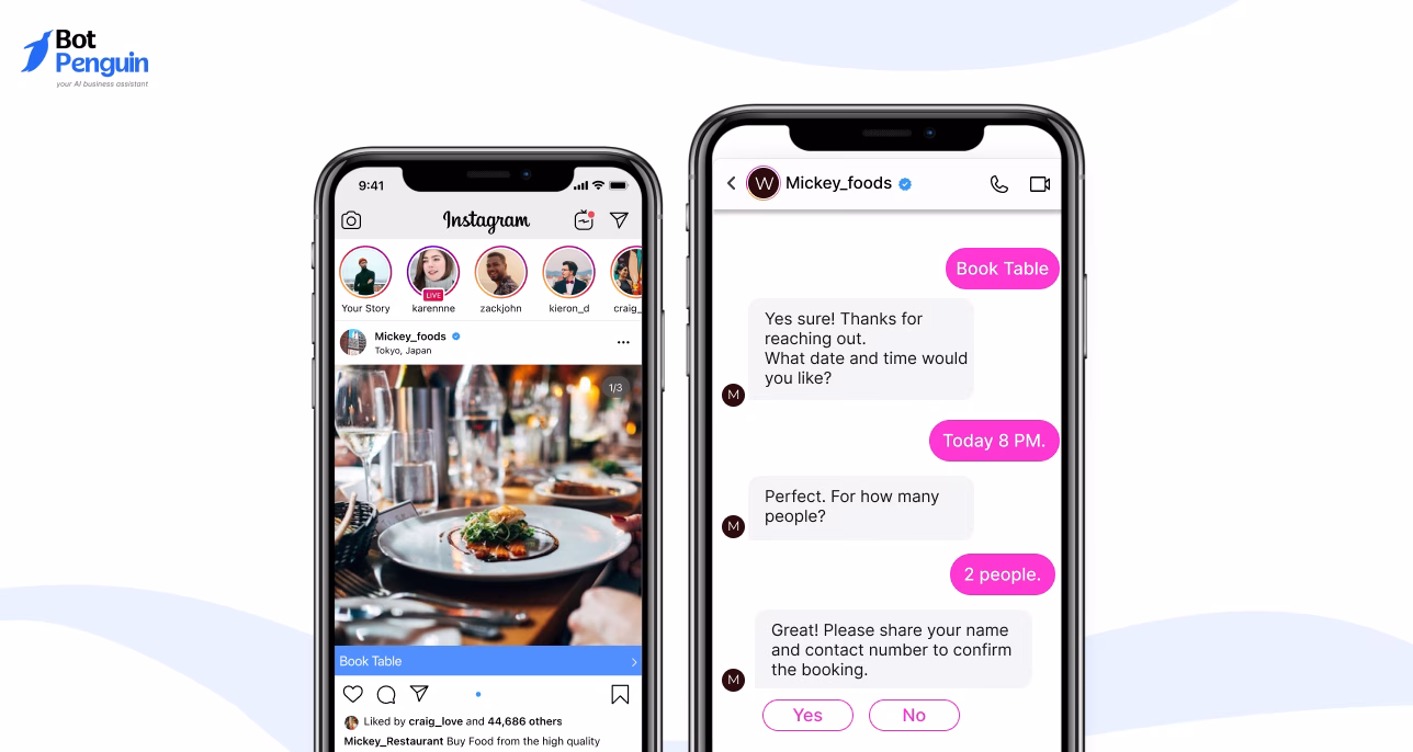 Instagram chatbot conversation demonstrating automated restaurant table booking through Instagram DMs by collecting customer details and confirming reservations.
