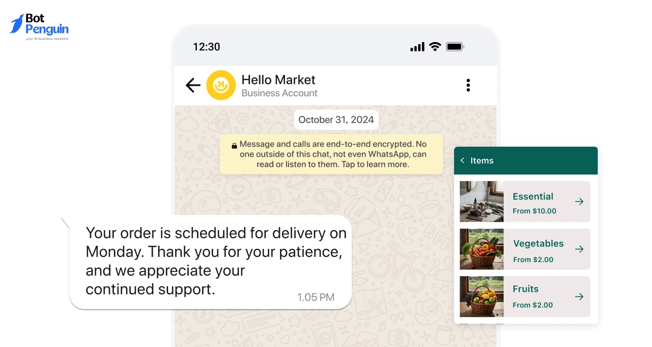 WhatsApp chatbot sending Shopify order updates and product catalog to customers.